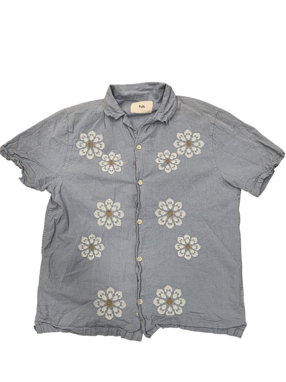 Folk Embroidered Floral Button-Up Shirt Light Blue Short Sleeves Small Cotton